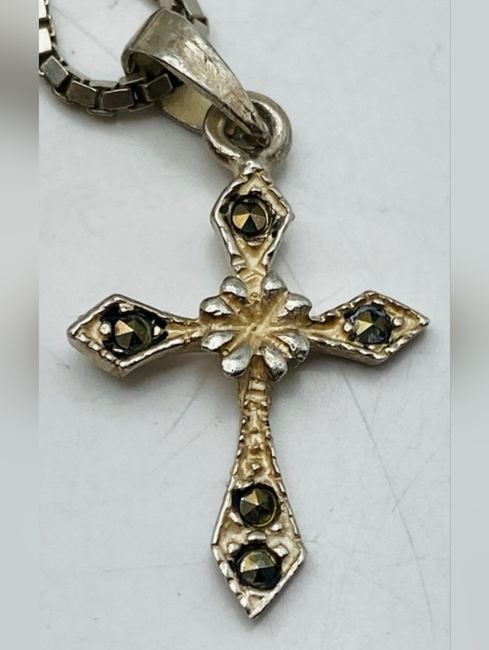 Sterling silver vintage marcasite cross pendant - 925 Silver